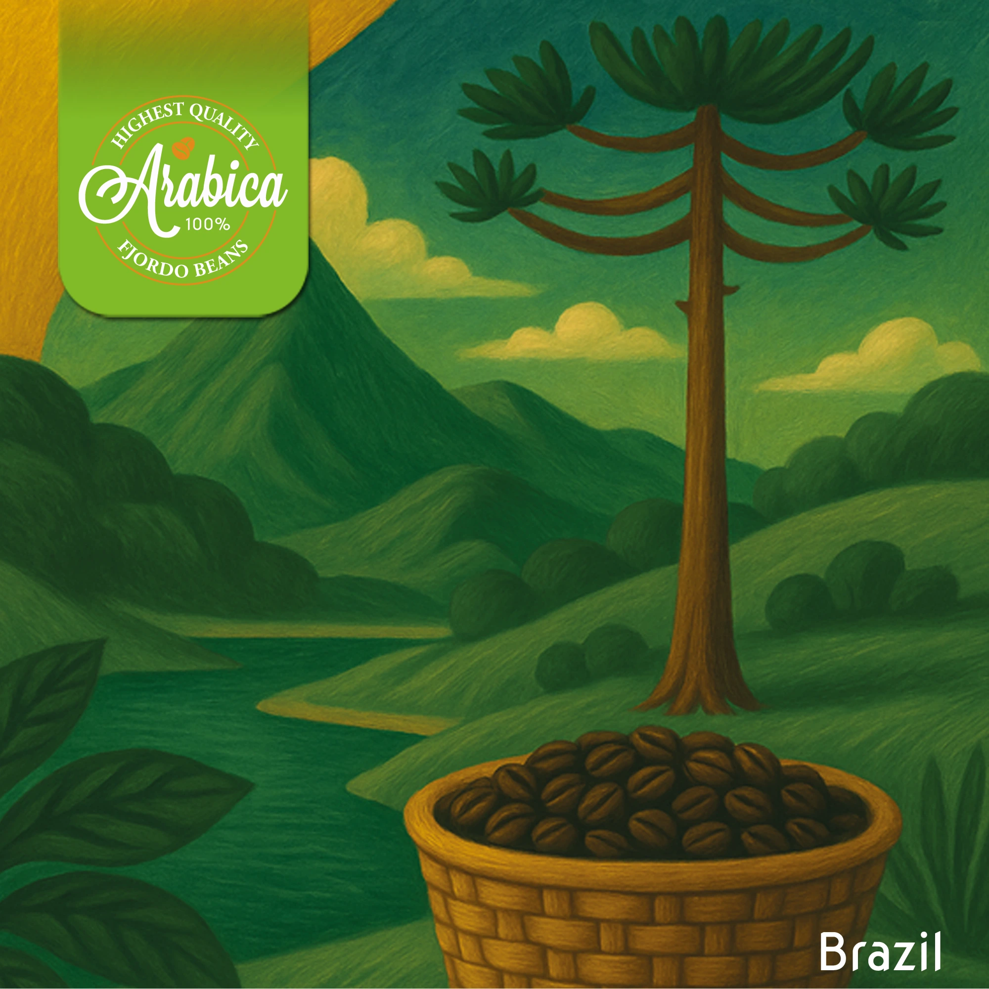 Etykieta kawy Fjordo Coffee Negro z Brazylii – 100% Arabica speciality palona pod espresso, kosz ziaren na tle zielonych wzgórz