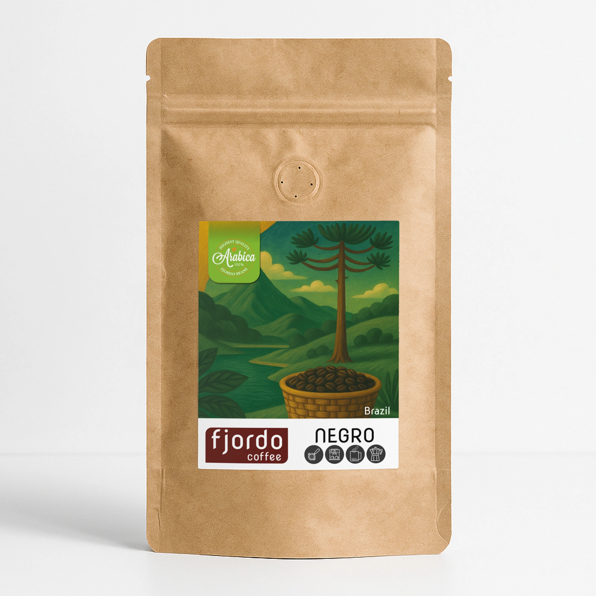 Fjordo Negro — kawa ziarnista z Brazylii w kraftowym opakowaniu