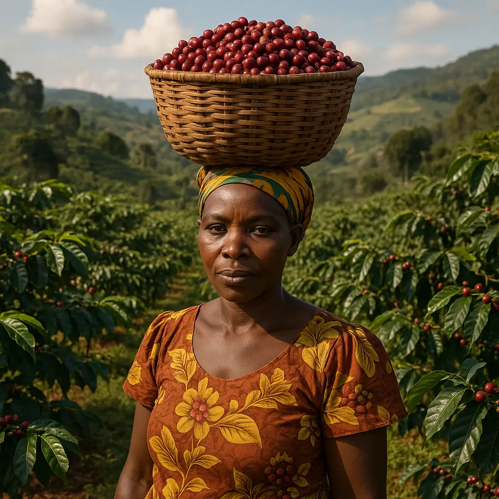 Zbiory czerwonych owoców kawy na plantacji do wyrobu kawy Ruvubu w Burundi