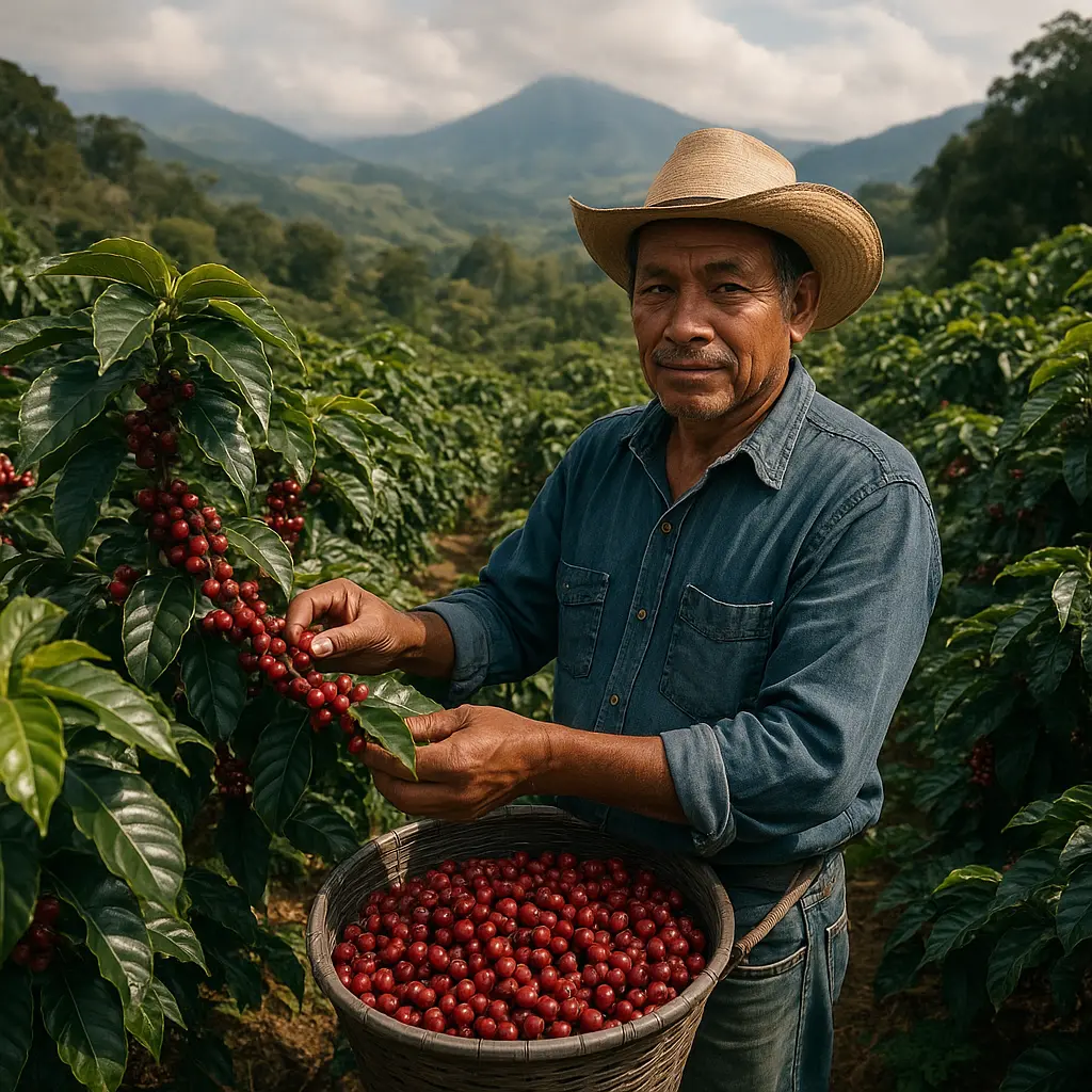 Zbiory dojrzałych owoców kawy Arabica na plantacji w Gwatemali