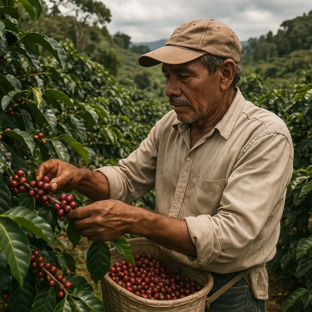 Ręczny zbiór dojrzałych owoców kawy na plantacji Nikaragui na potrzeby kaw Fjordo Tipitapa