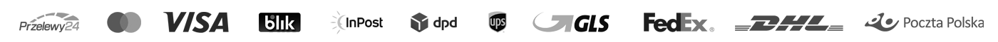 Logotypy dostępnych metod płatności i dostawy w sklepie Fjordo: InPost, DPD, UPS, GLS, FedEx, DHL, Poczta Polska, Przelewy24, BLIK, Visa, Mastercard.