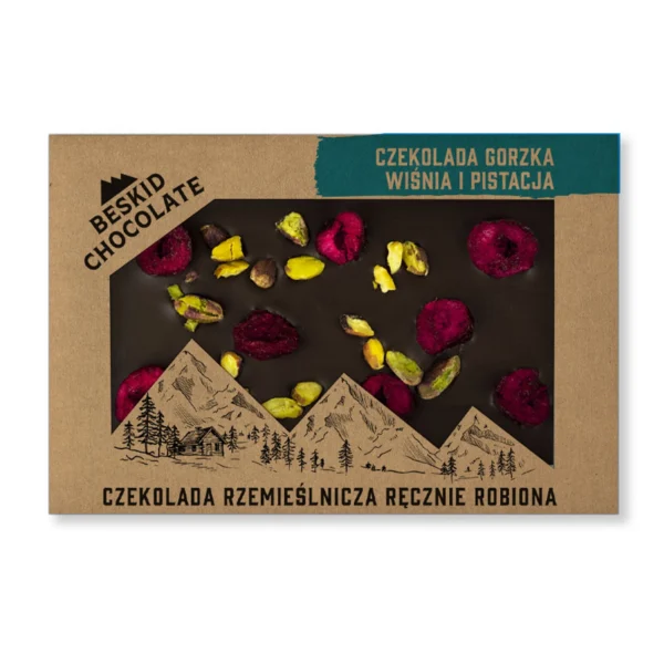Czekolada gorzka Beskid Chocolate z wiśnią i pistacją - opakowanie z okienkiem i widocznymi dodatkami