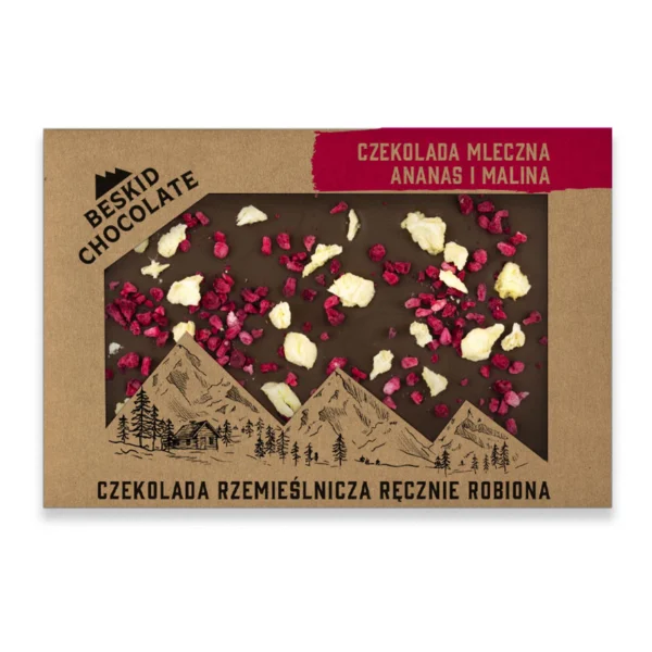 Czekolada mleczna Beskid Chocolate z ananasem i maliną - opakowanie z okienkiem i widocznymi owocami